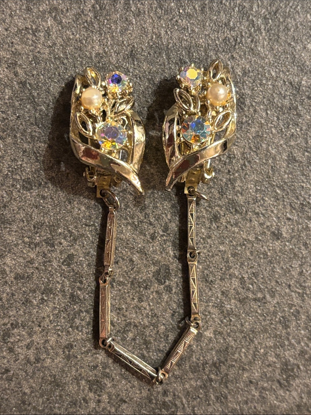 Vintage Gold-Tone Aurora Crystal and Pearl Sweater Clip